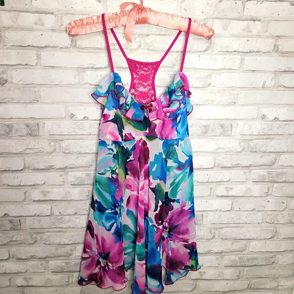 In bloom Purple Blue Floral Sheer Ruffle Nightgown